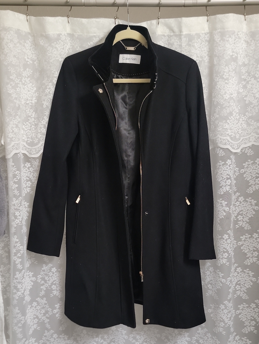 Calvin Klein Black Wool-Blend Long Trench Coat